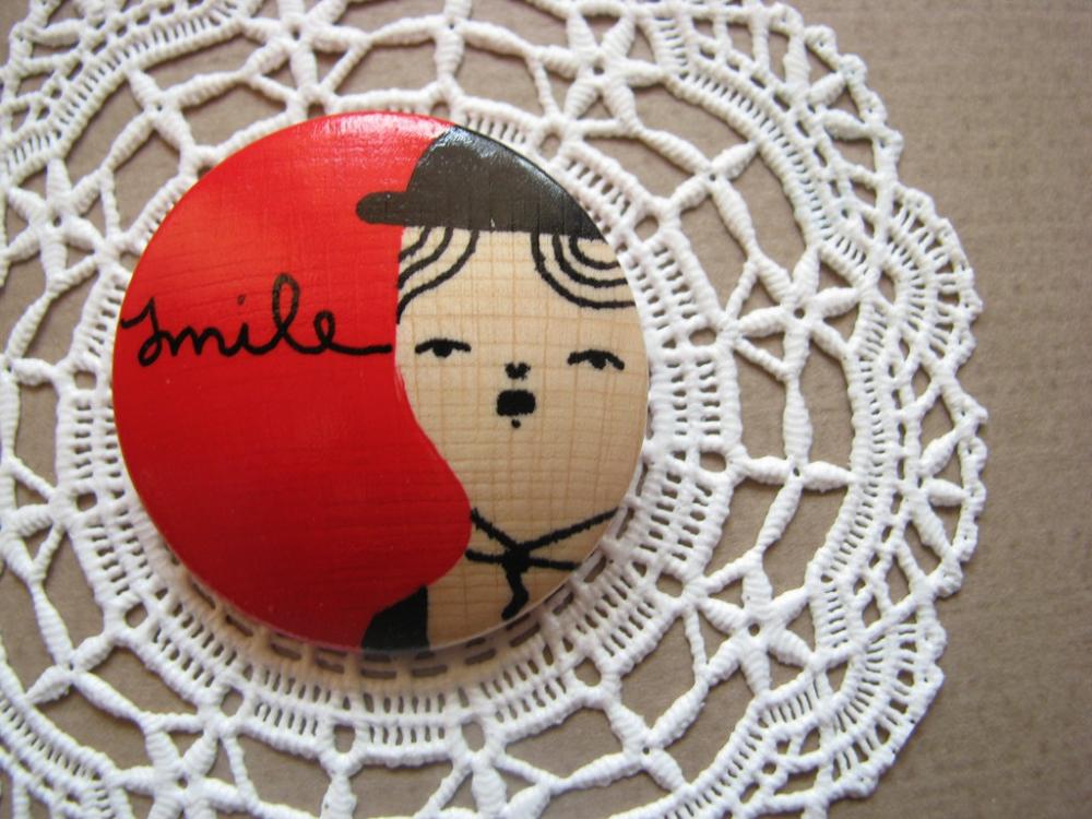 wooden brooch hand painted Charlie Chaplin Smile illustrated jewelry wereable art