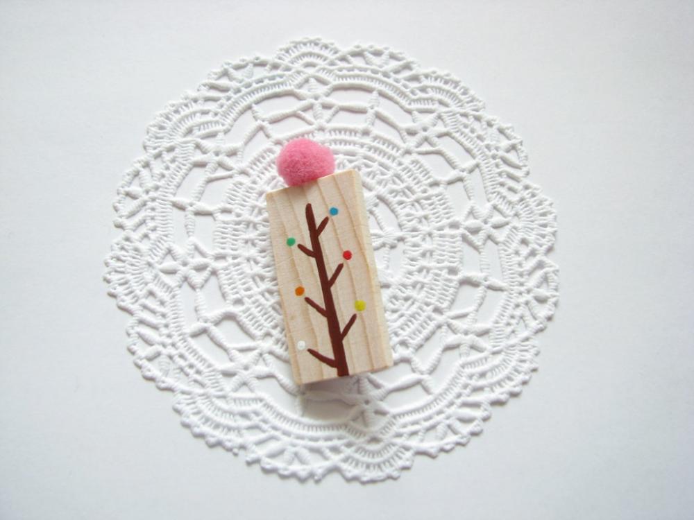 Hand painted wooden brooch Pon pon Rainbow Tree