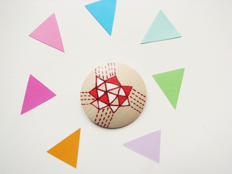 Red Geometric Triangles Hand painted wooden brooch