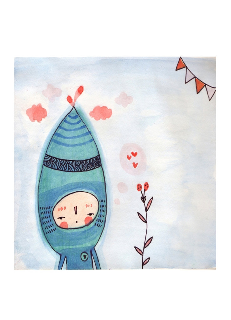 Elf and Flowers 5"x6.3" print of original watercolour illustration wall art