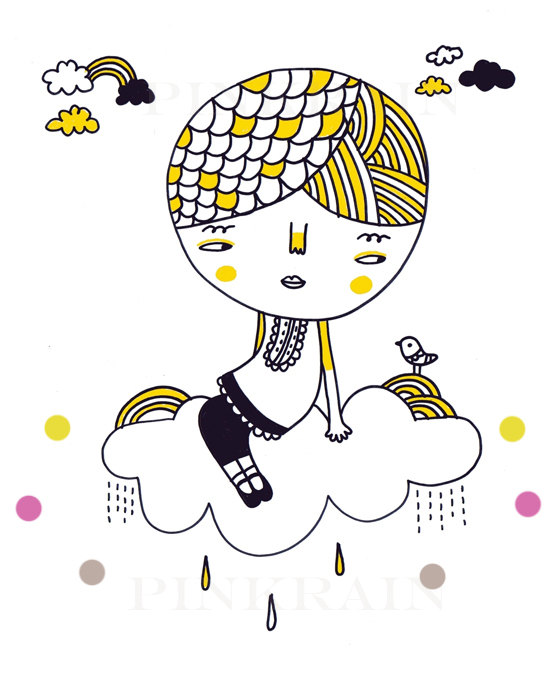 Fly Away 5"x6.3" mixed media collage print of original ink illustration