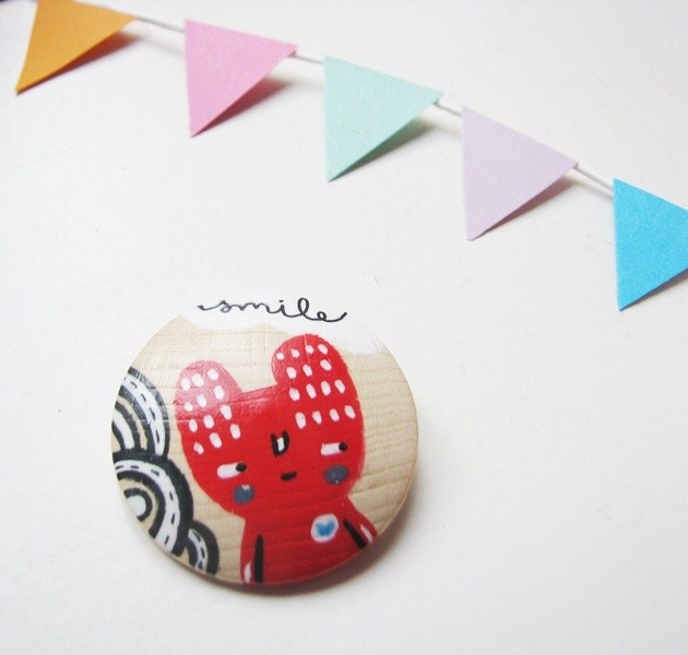 Suspicious red little creature Hand painted wooden brooch MADE TO ORDER