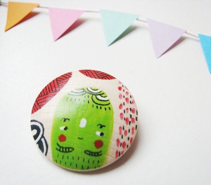 The green cactus Hand painted wooden brooch - MADE TO ORDER