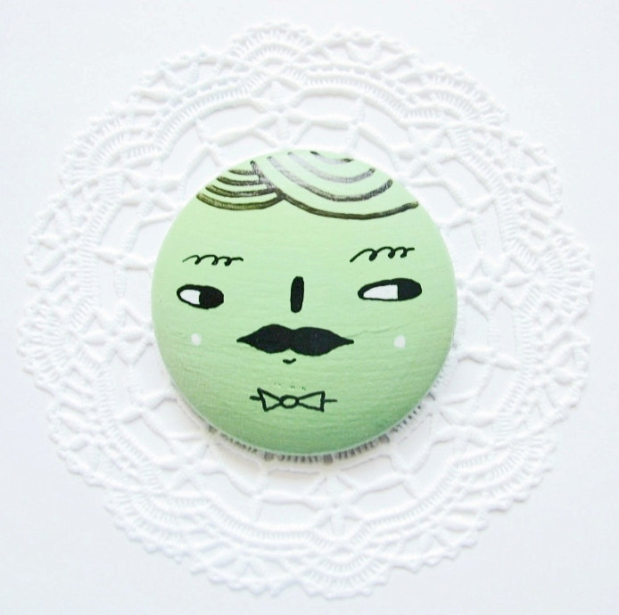 Moustache Brooch Mint hand painted wood