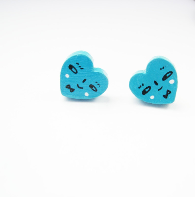 Turquoise wooden hearts Post Earrings