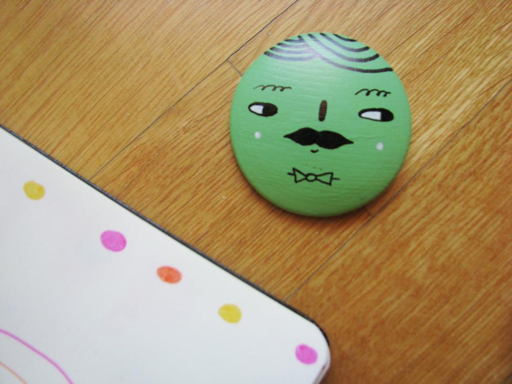 Moustache Brooch Mint hand painted wood