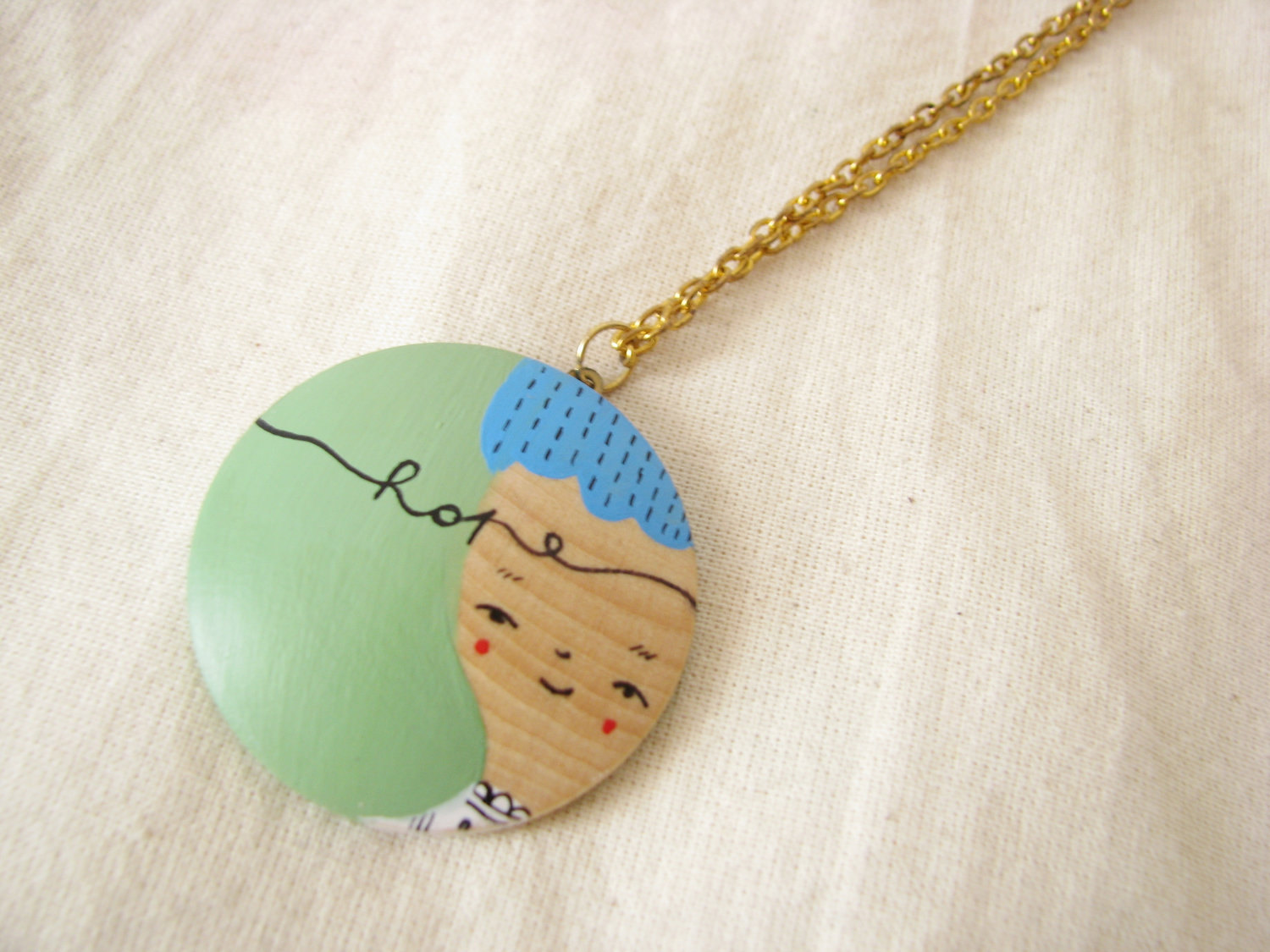 Hand Painted Illustrated Wooden Necklace Pendant Wearable Art on Luulla